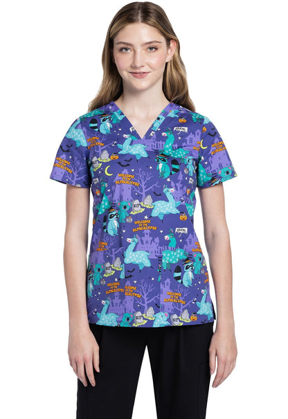 Alpacalypse Cherokee Halloween Alpaca Print V Neck Scrub Top CK651 APYS - Scrubs Select