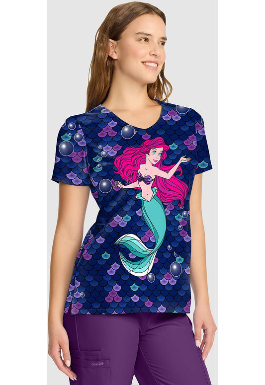 Ariel Little Mermaid Cherokee Tooniforms Disney V Neck Scrub Top TF626 PRTO - Scrubs Select