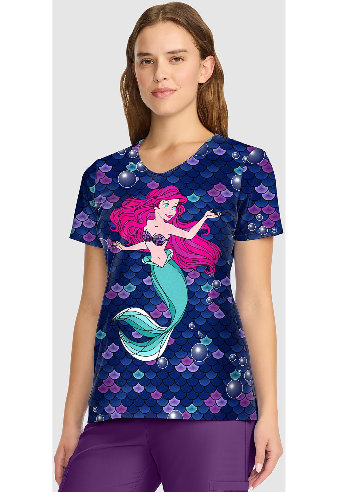 Ariel Little Mermaid Cherokee Tooniforms Disney V Neck Scrub Top TF626 PRTO - Scrubs Select