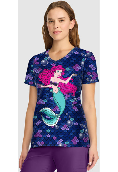 Ariel Little Mermaid Cherokee Tooniforms Disney V Neck Scrub Top TF626 PRTO - Scrubs Select