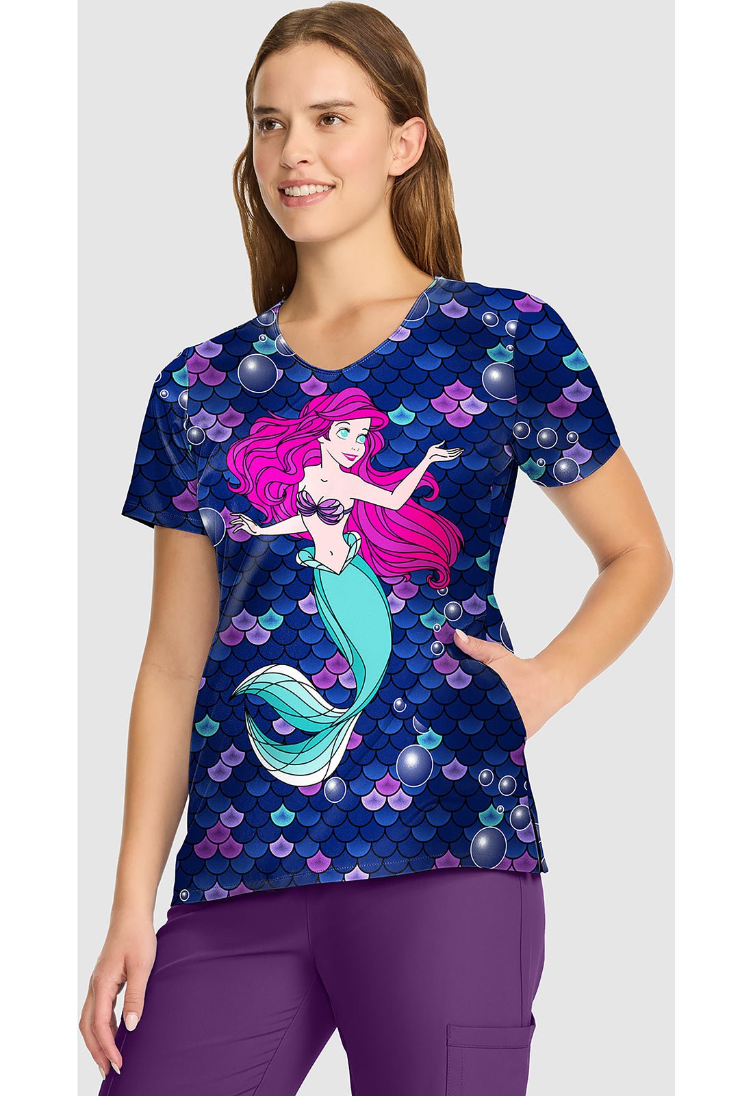 Ariel Little Mermaid Cherokee Tooniforms Disney V Neck Scrub Top TF626 PRTO - Scrubs Select