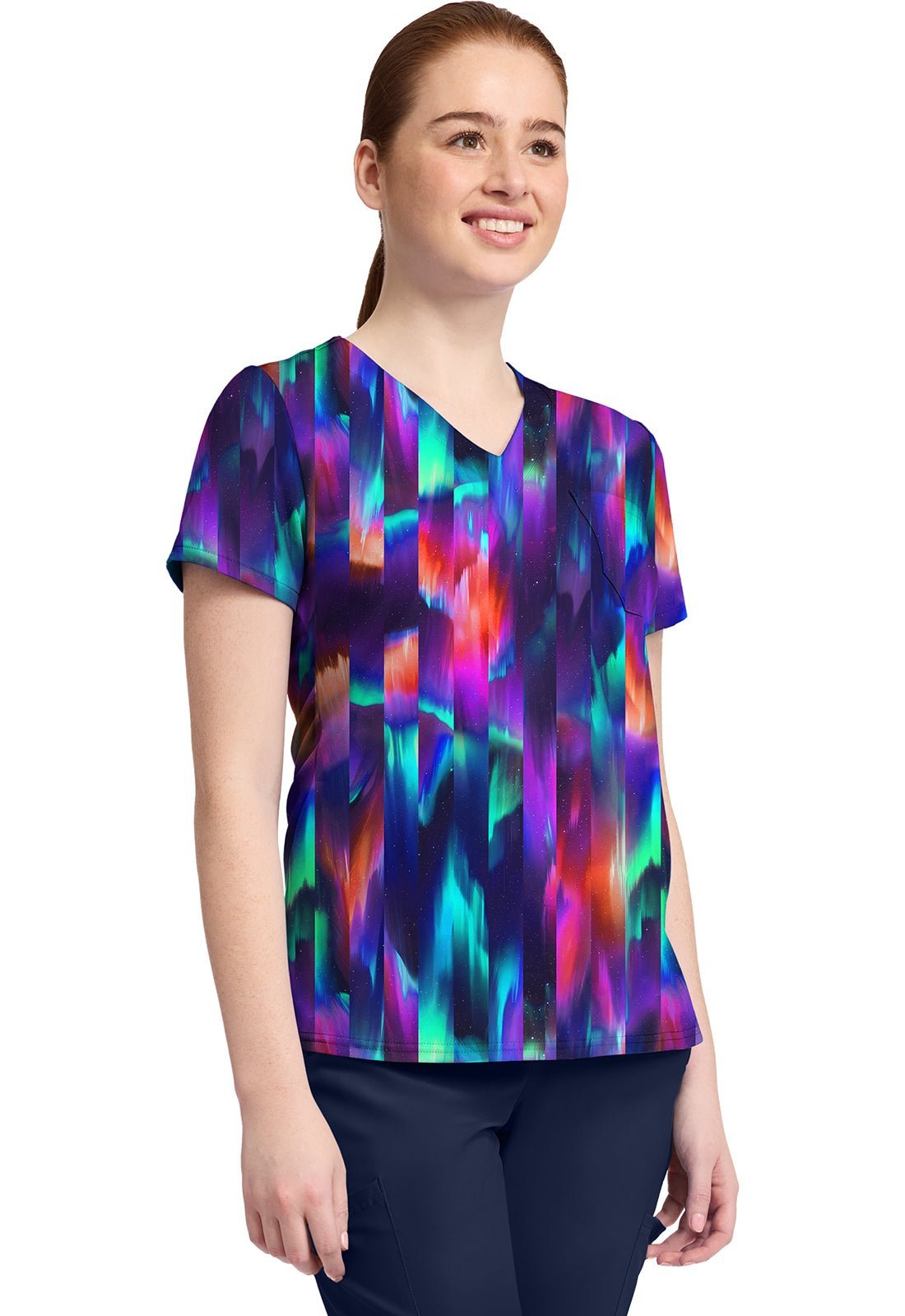 Aurora Stripe Med Couture Print V Neck Scrub Top MC632 AUST - Scrubs Select