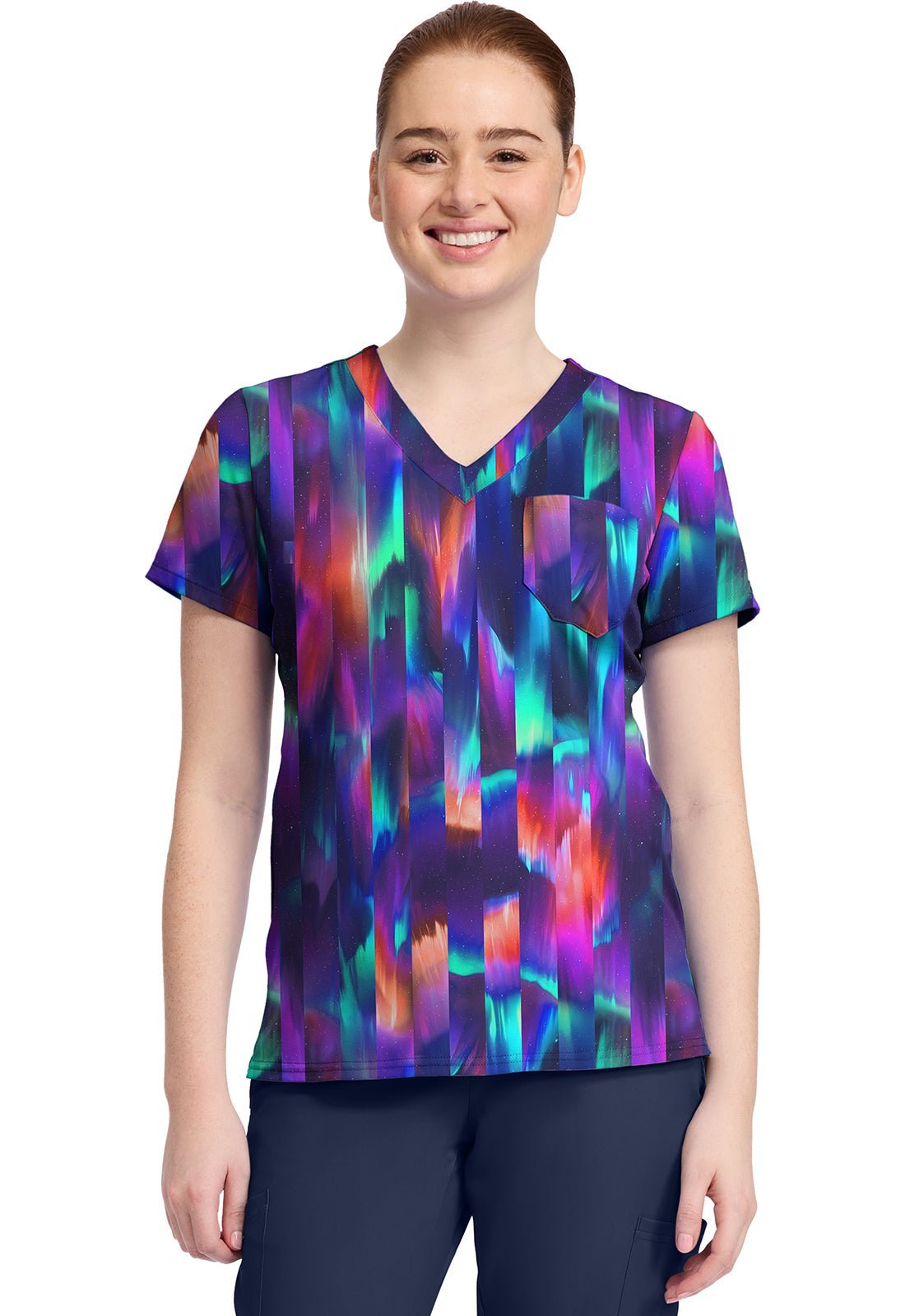 Aurora Stripe Med Couture Print V Neck Scrub Top MC632 AUST - Scrubs Select
