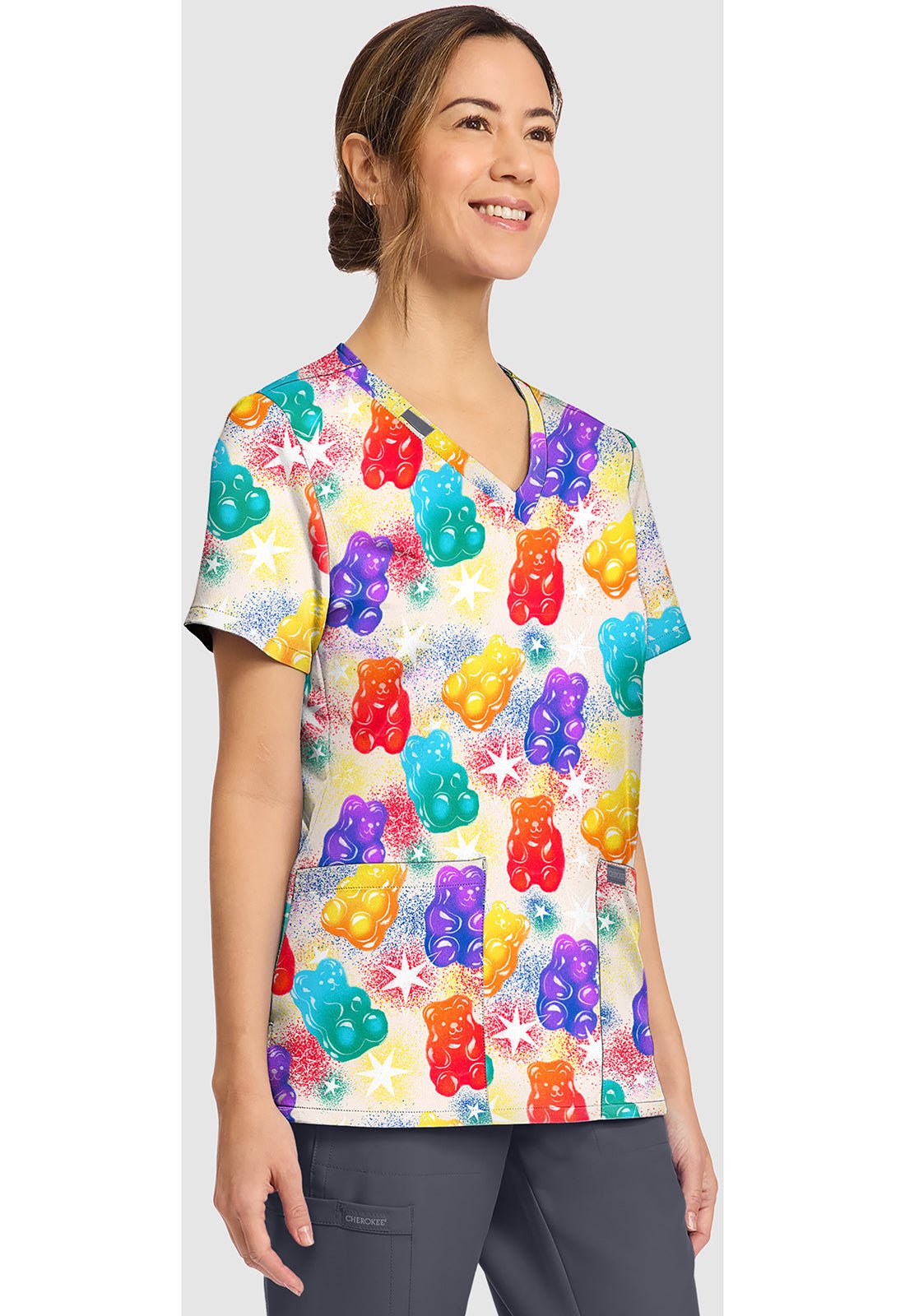 Beary Rainbow Cherokee Scrubs Print V Neck Top CK856 BRRW - Scrubs Select