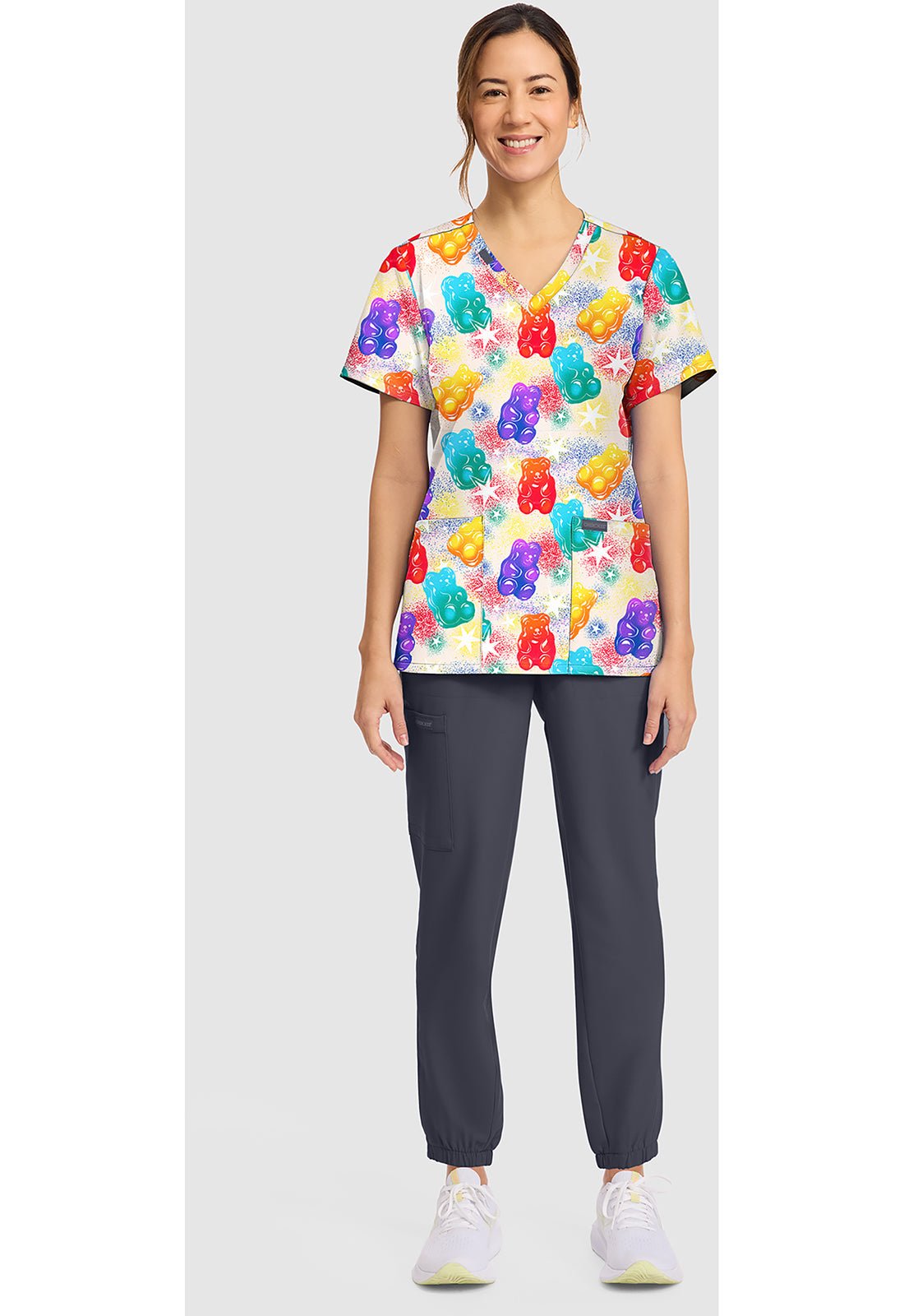 Beary Rainbow Cherokee Scrubs Print V Neck Top CK856 BRRW - Scrubs Select