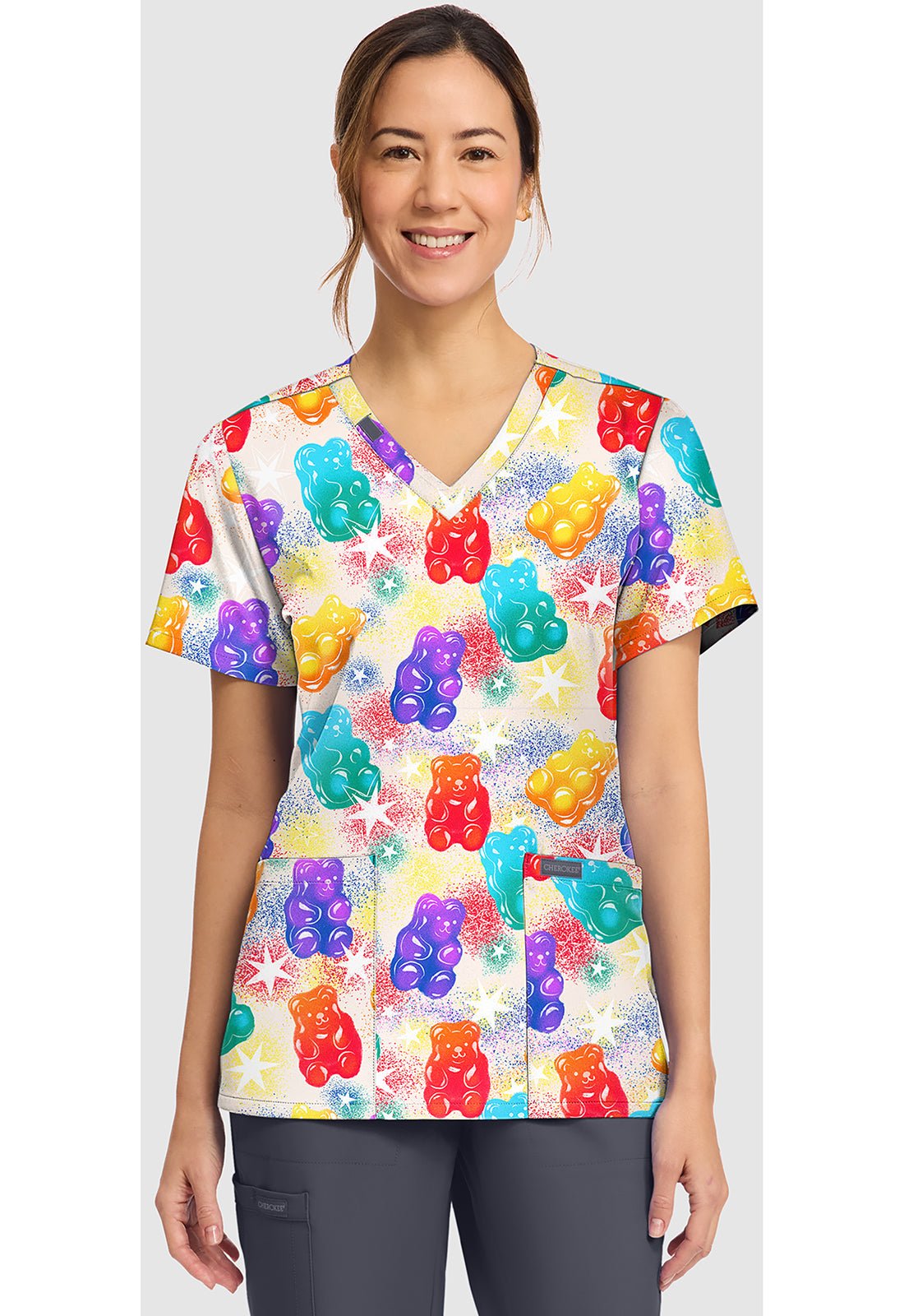 Beary Rainbow Cherokee Scrubs Print V Neck Top CK856 BRRW - Scrubs Select