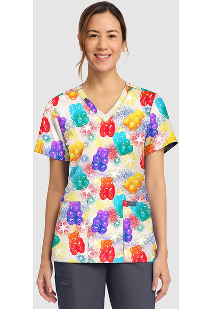 Beary Rainbow Cherokee Scrubs Print V Neck Top CK856 BRRW - Scrubs Select