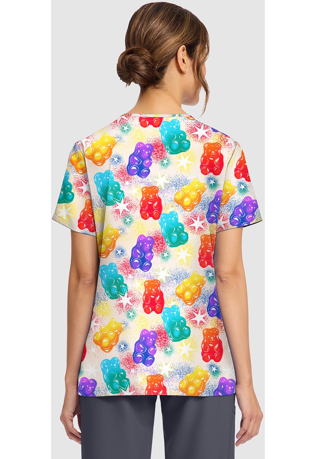 Beary Rainbow Cherokee Scrubs Print V Neck Top CK856 BRRW - Scrubs Select