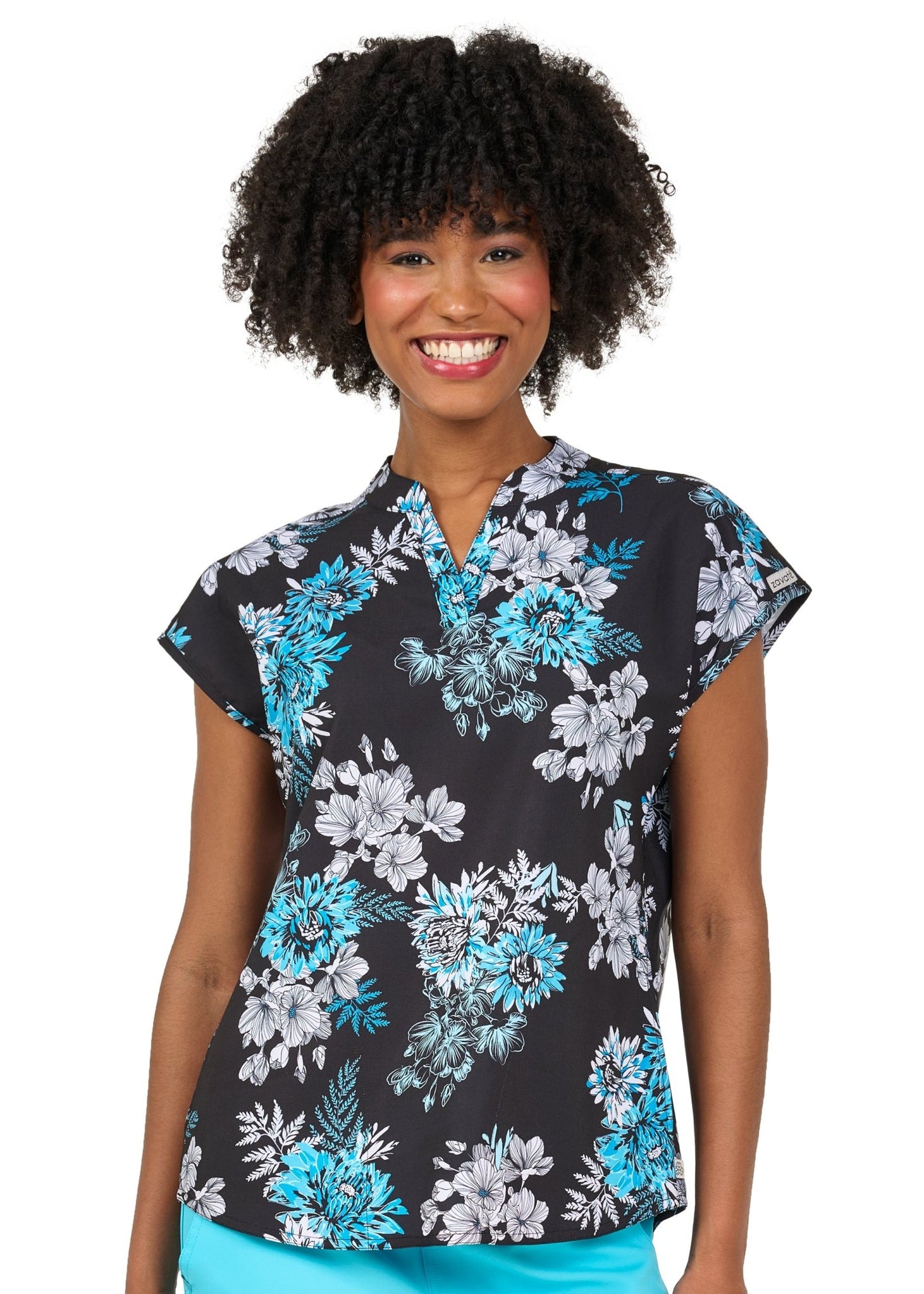 Blooming Turquoise Zavate Diana Print Scrub Mandarin Collar Top 1172 BMTQ - Scrubs Select