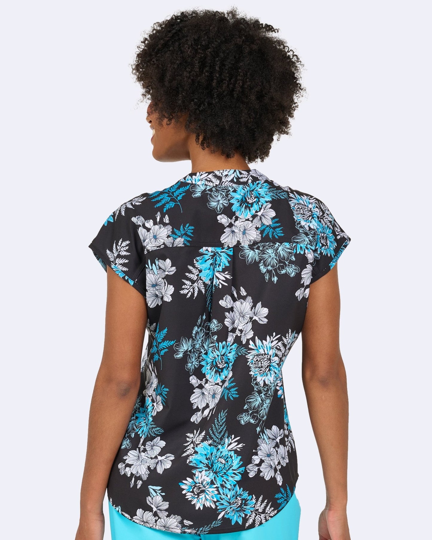 Blooming Turquoise Zavate Diana Print Scrub Mandarin Collar Top 1172 BMTQ - Scrubs Select