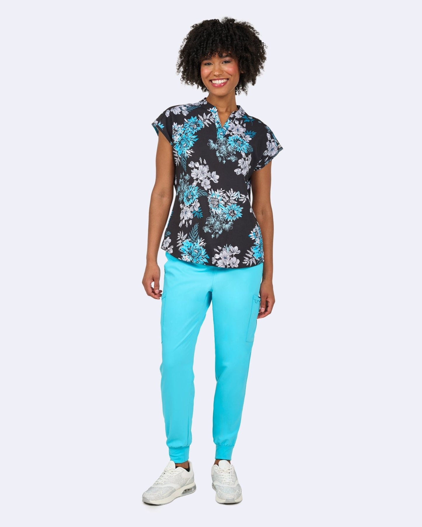 Blooming Turquoise Zavate Diana Print Scrub Mandarin Collar Top 1172 BMTQ - Scrubs Select