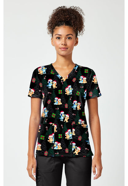 Bluey Tooniforms Licensed Christmas V Neck Scrub Top TF796 BYSA - Scrubs Select