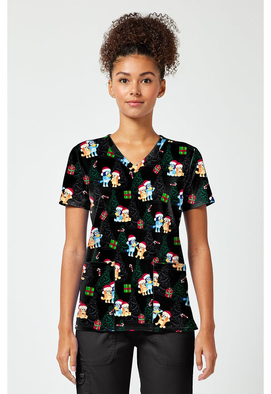 Bluey Tooniforms Licensed Christmas V Neck Scrub Top TF796 BYSA - Scrubs Select