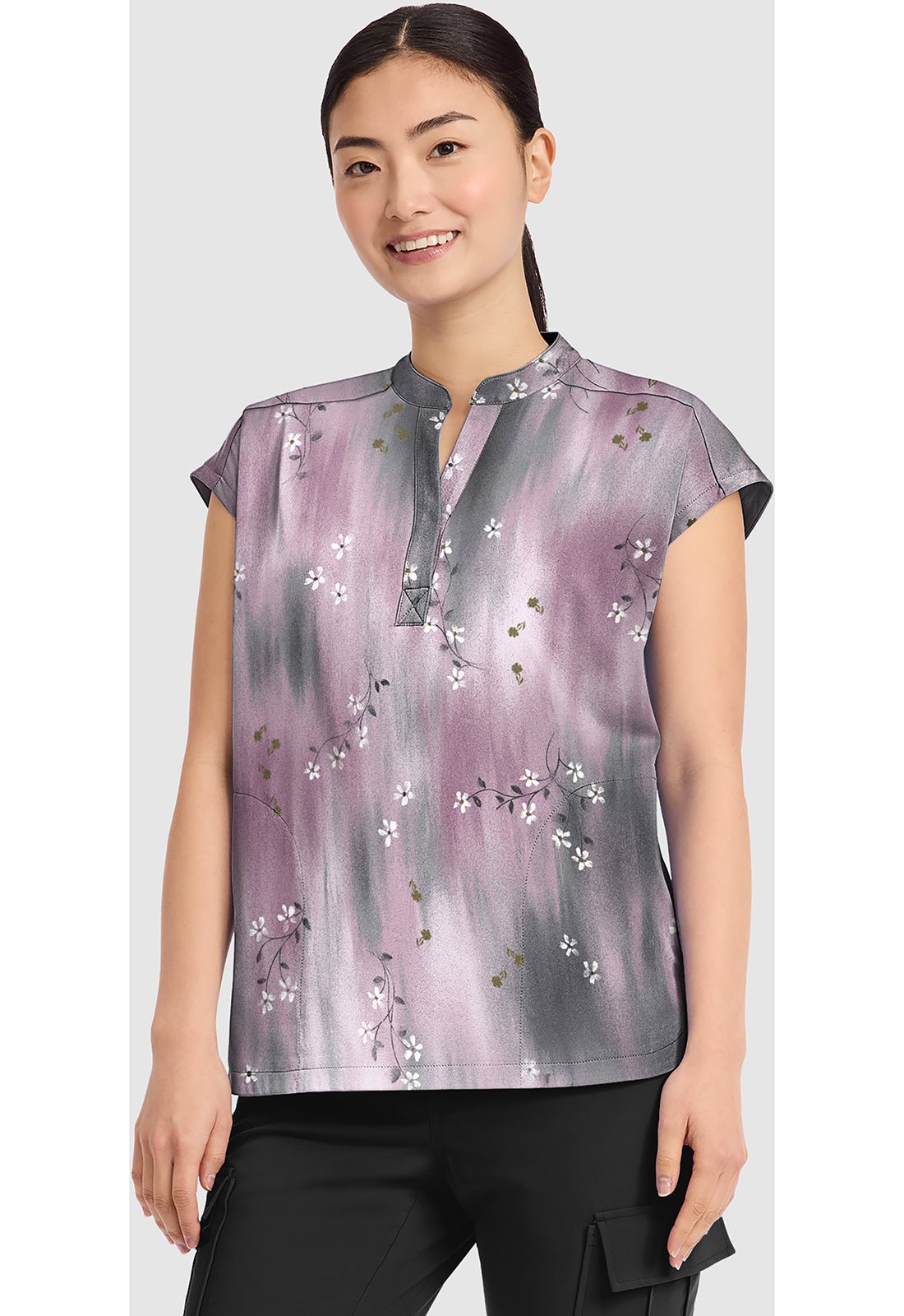 Blurrred Ditsy Healing Hands Journey Print Scrub V Neck Top HH912 BRDS - Scrubs Select
