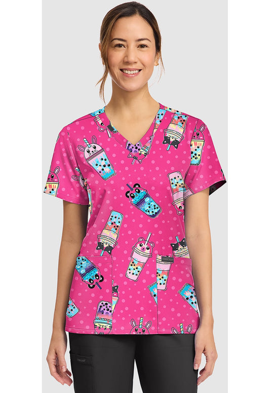 Boba Party Cherokee Scrubs Print V Neck Top CK856 BBAP - Scrubs Select