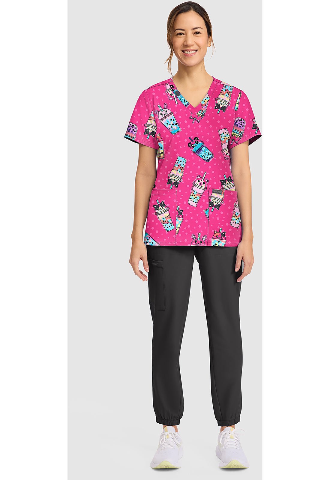 Boba Party Cherokee Scrubs Print V Neck Top CK856 BBAP - Scrubs Select