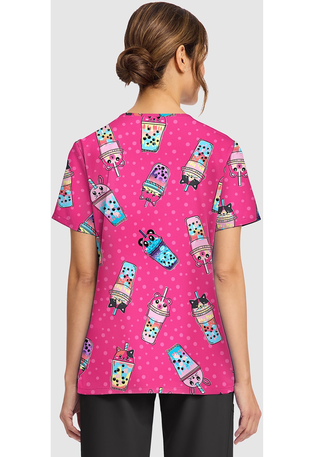 Boba Party Cherokee Scrubs Print V Neck Top CK856 BBAP - Scrubs Select