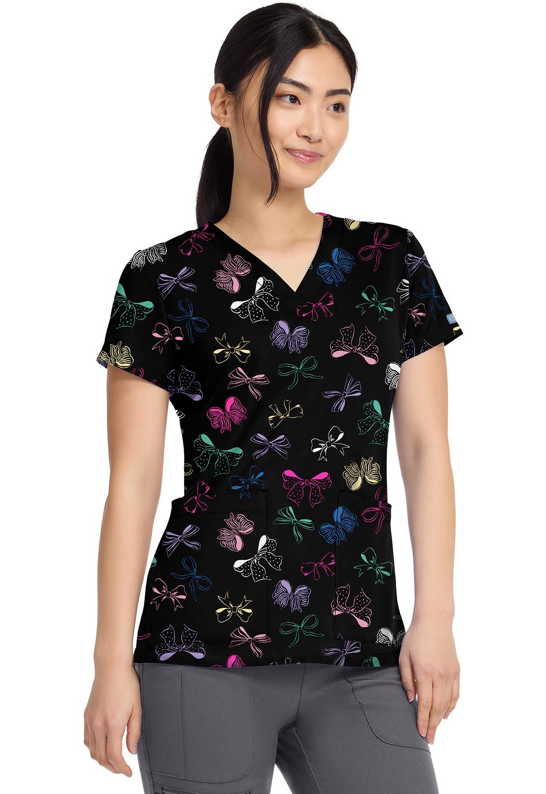 Bow Mania Med Couture Print V Neck Scrub Top MC8564 BWMA - Scrubs Select