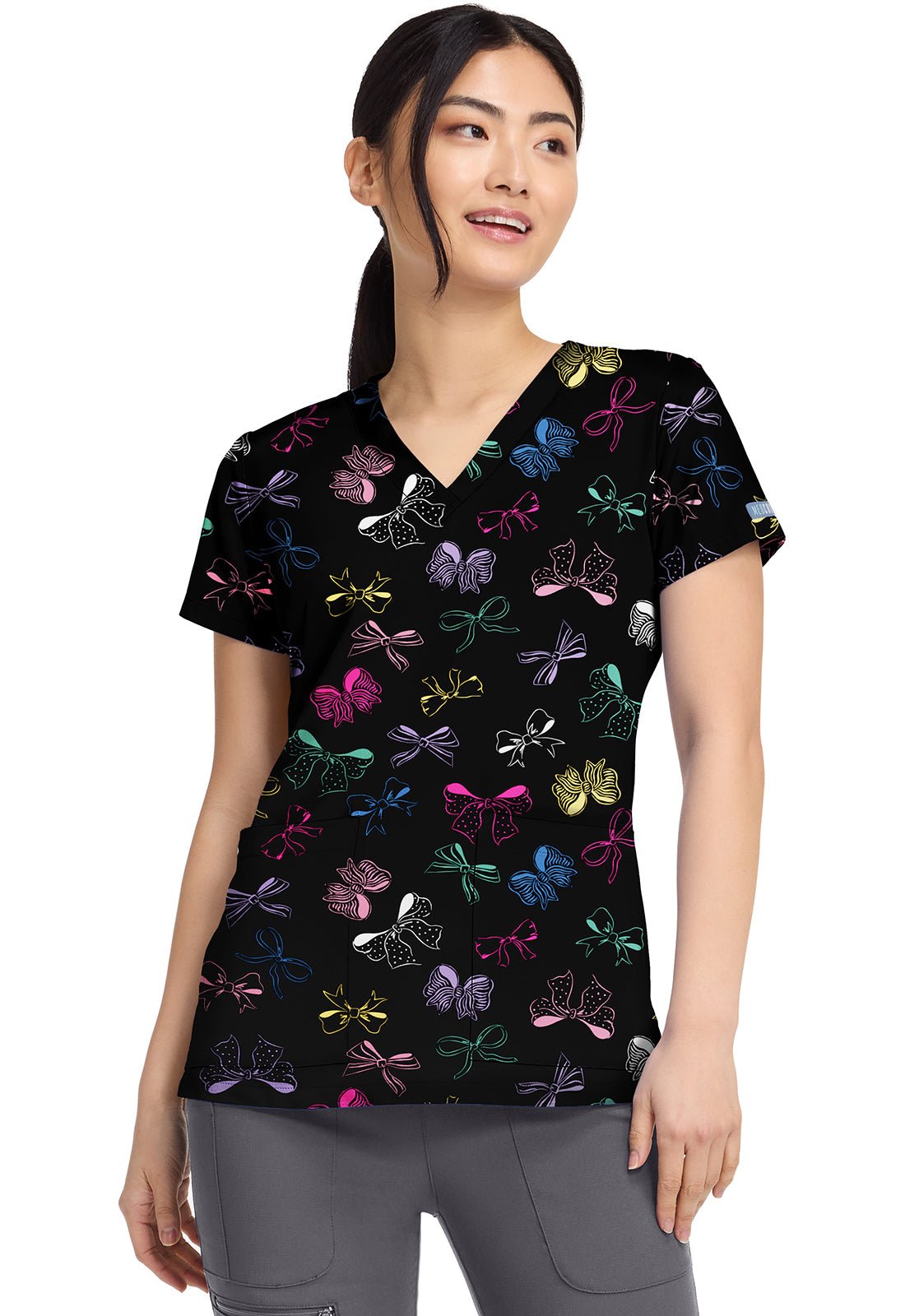 Bow Mania Med Couture Print V Neck Scrub Top MC8564 BWMA - Scrubs Select