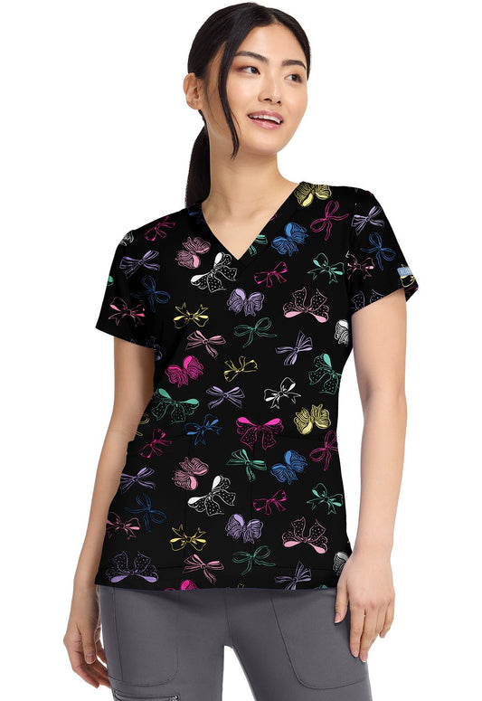 Bow Mania Med Couture Print V Neck Scrub Top MC8564 BWMA - Scrubs Select
