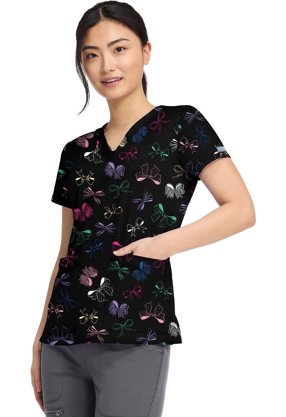 Bow Mania Med Couture Print V Neck Scrub Top MC8564 BWMA - Scrubs Select