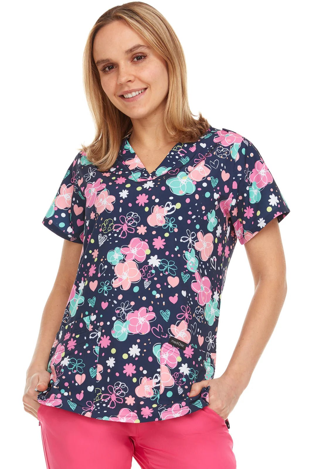 Bubble Hearts Medichic Print V Neck Scrub Top MC4512 - 59 - Scrubs Select