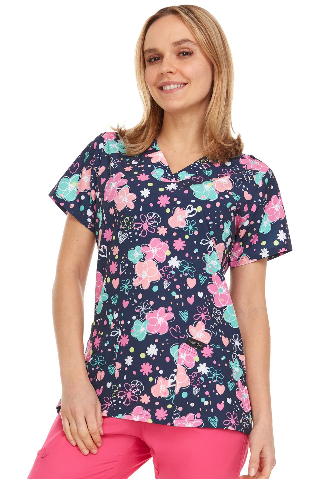 Bubble Hearts Medichic Print V Neck Scrub Top MC4512 - 59 - Scrubs Select