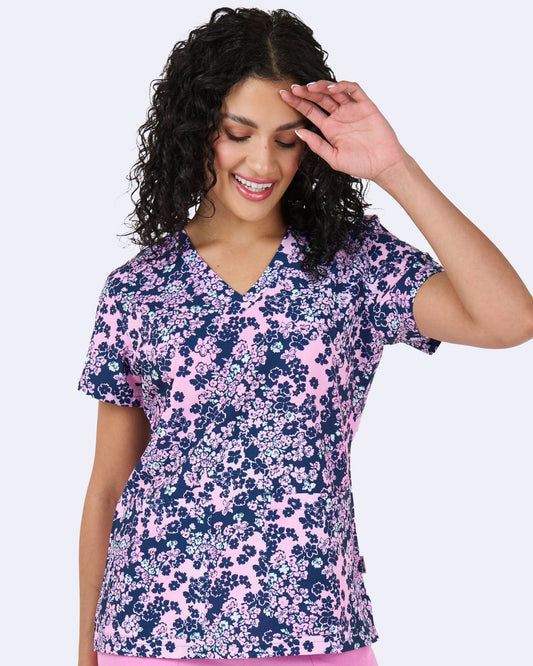 Bubblegum Blossoms Zavate Print Scrub V Neck Top 1054 BGMB - Scrubs Select