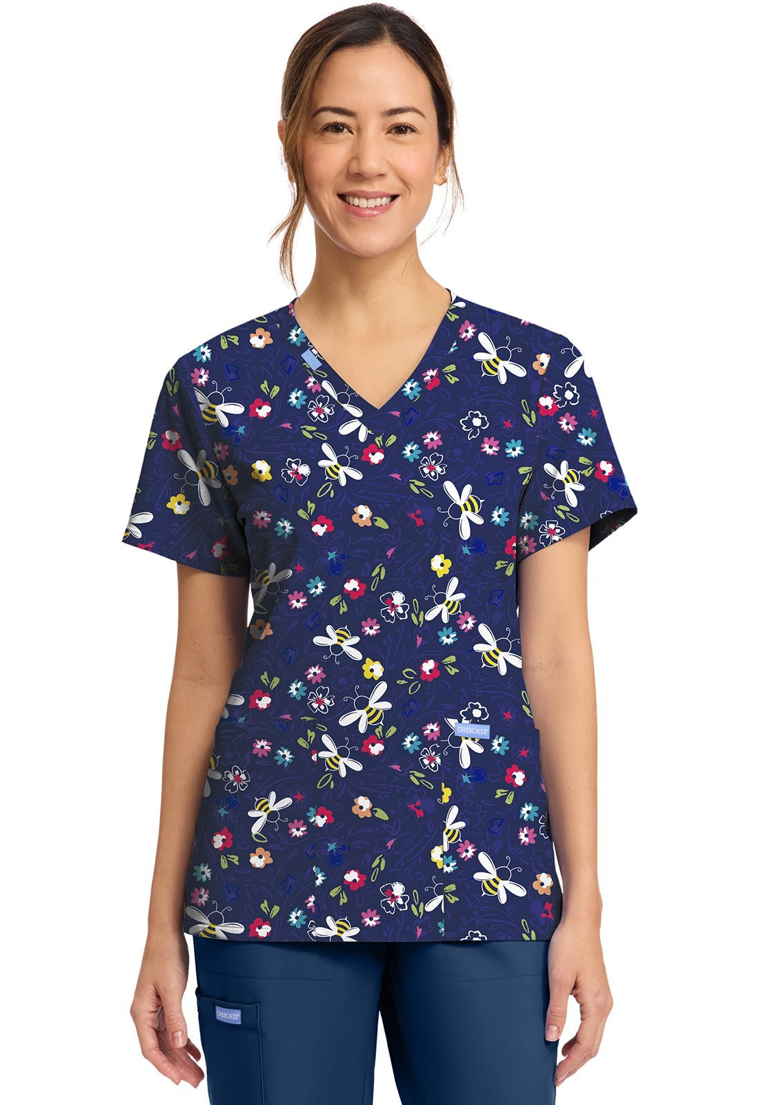 Bumble Bee Bloom Cherokee Print V Neck Scrub Top CK856 BMBE - Scrubs Select