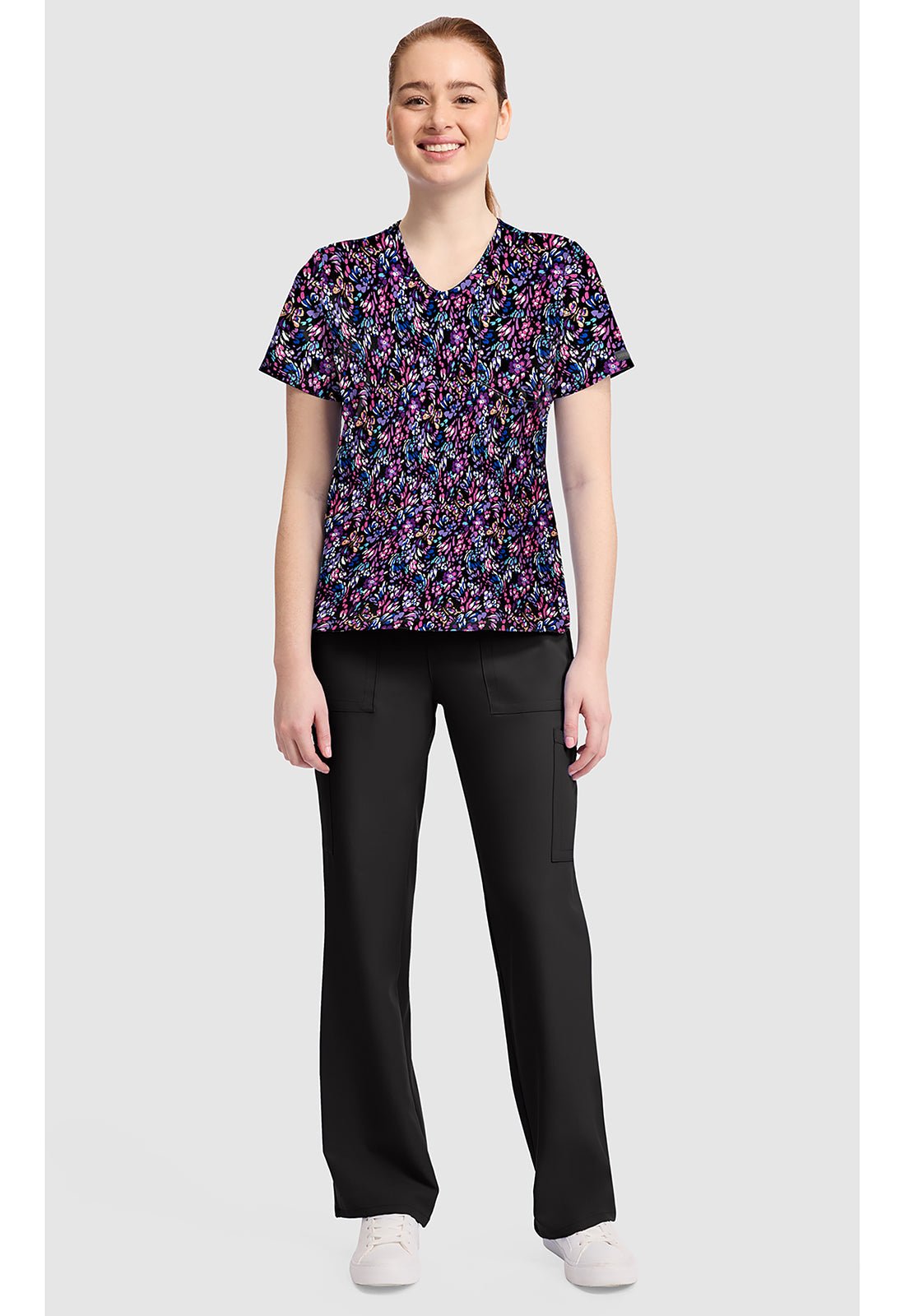 Butterfly Confetti Cherokee Print V Neck Scrub Top CK857 BTCN - Scrubs Select