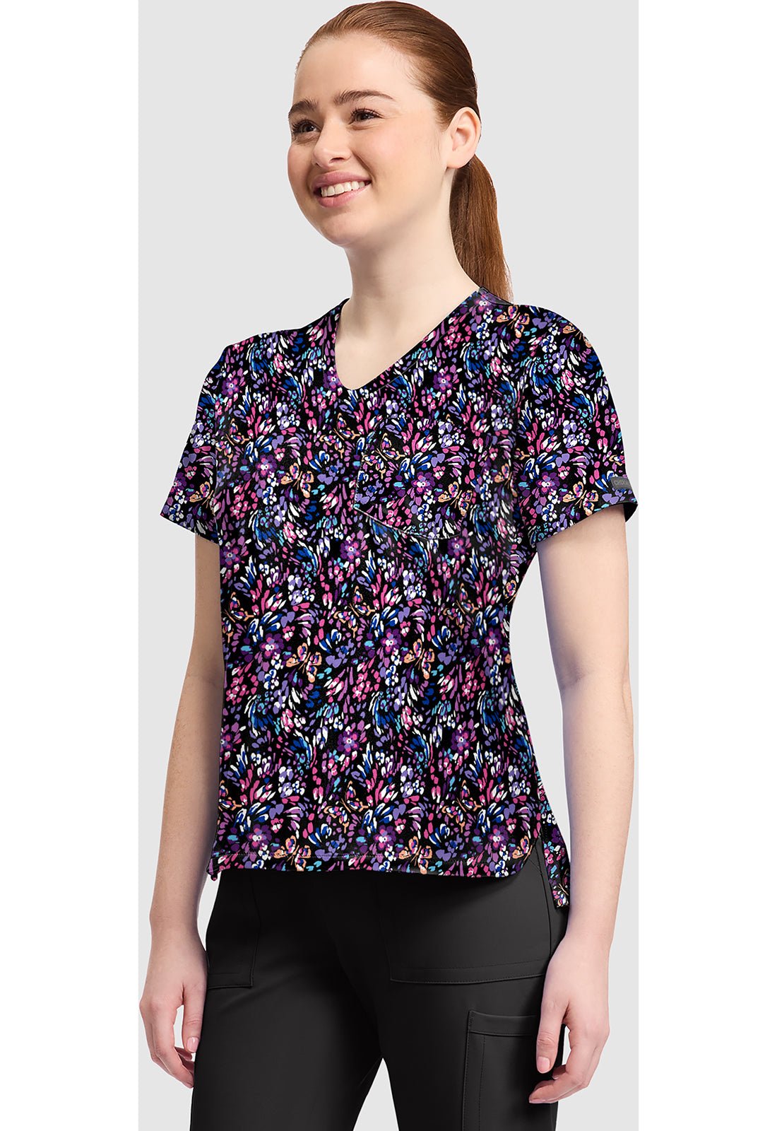 Butterfly Confetti Cherokee Print V Neck Scrub Top CK857 BTCN - Scrubs Select