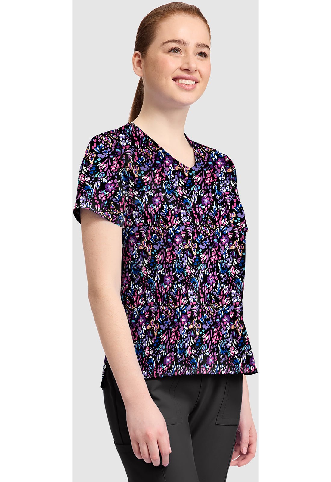 Butterfly Confetti Cherokee Print V Neck Scrub Top CK857 BTCN - Scrubs Select