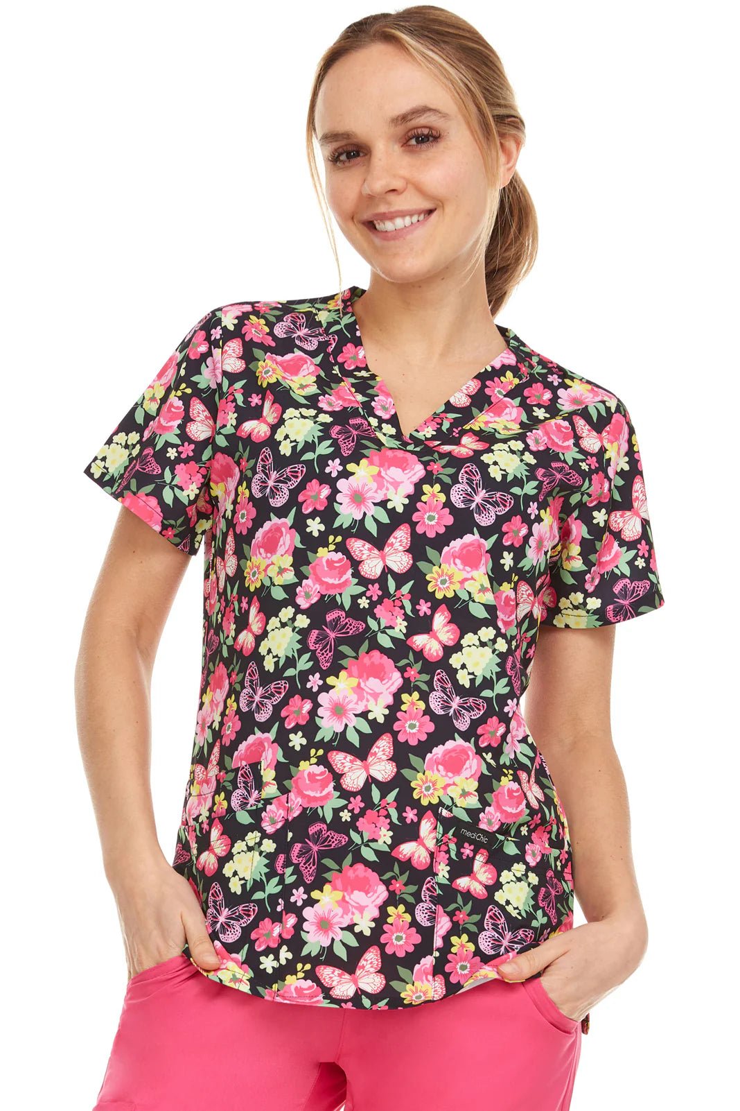 Butterfly Floral Medichic Print V Neck Scrub Top MC4512 - 61 - Scrubs Select