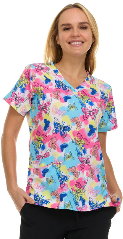 Butterfly Rush Medichic Print V Neck Scrub Top 4513 - 76 - Scrubs Select