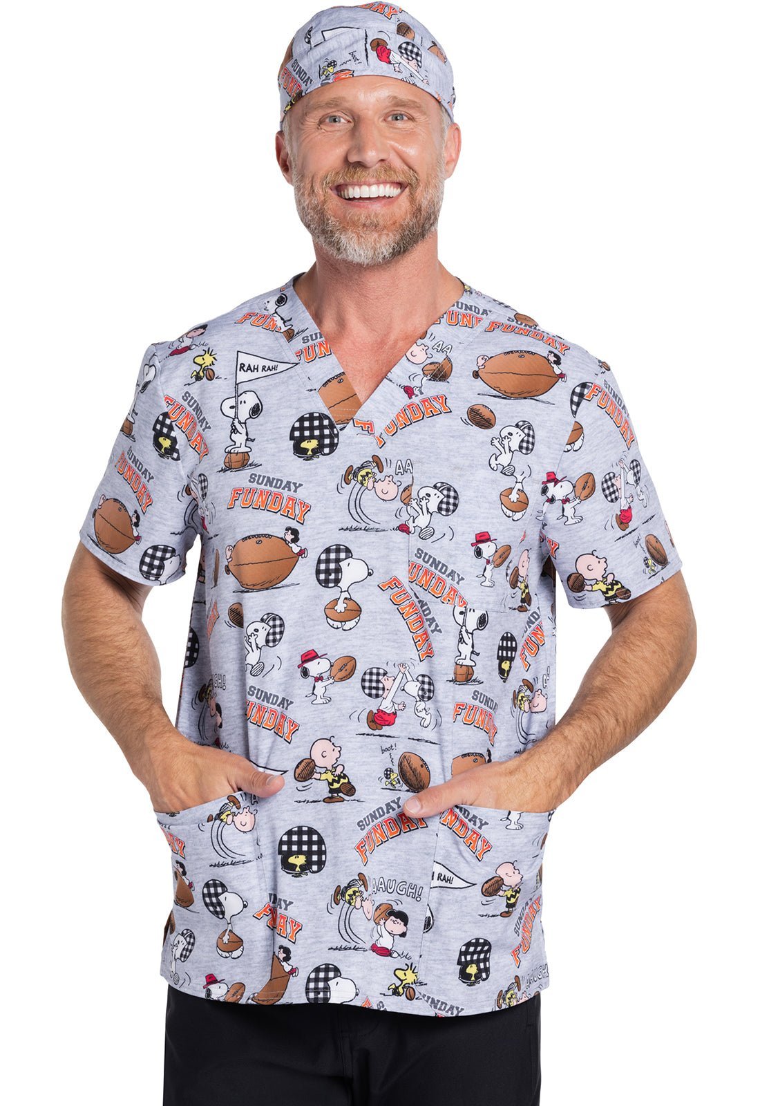 Charlie Brown Snoopy Cherokee Tooniforms Peanuts Men's V Neck Scrub Top TF740 PNFP - Scrubs Select