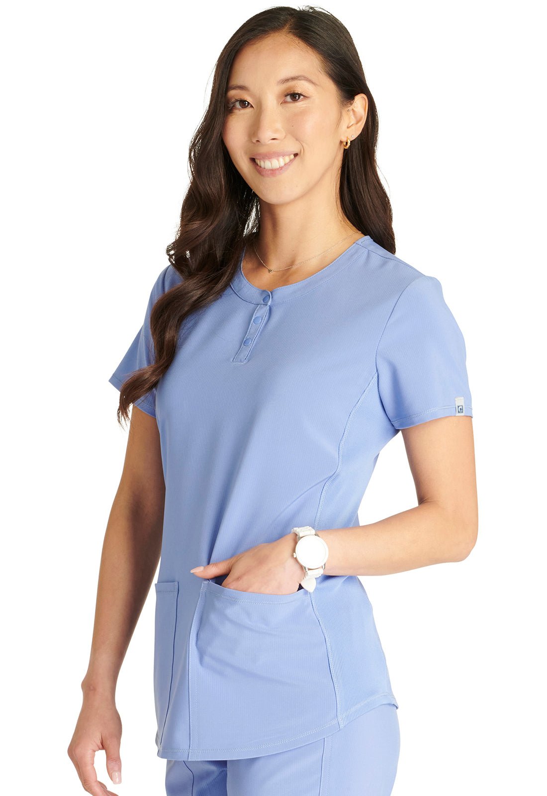 Cherokee BY Cherokee Scrub Snap Front Top CK749A in Black, Ciel, Heather Pewter, Navy, Royal - Scrubs Select