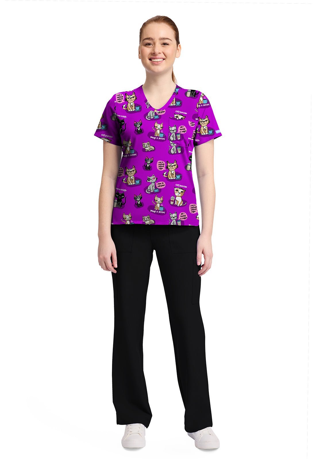 Coffee Talk Cherokee Cat Print V Neck Scrub Top CK857 CFTK - Scrubs Select