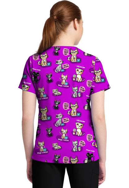 Coffee Talk Cherokee Cat Print V Neck Scrub Top CK857 CFTK - Scrubs Select