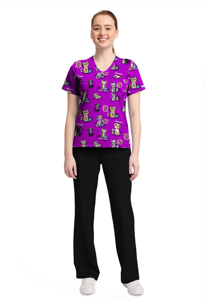 Coffee Talk Cherokee Cat Print V Neck Scrub Top CK857 CFTK - Scrubs Select