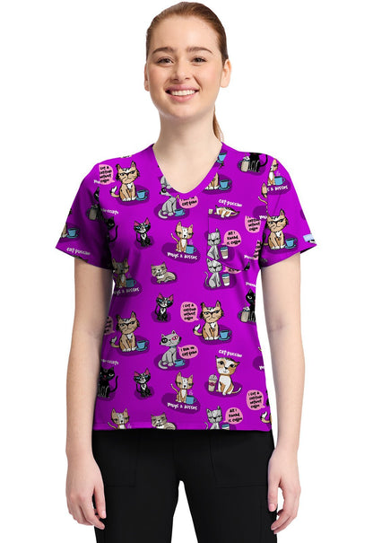 Coffee Talk Cherokee Cat Print V Neck Scrub Top CK857 CFTK - Scrubs Select