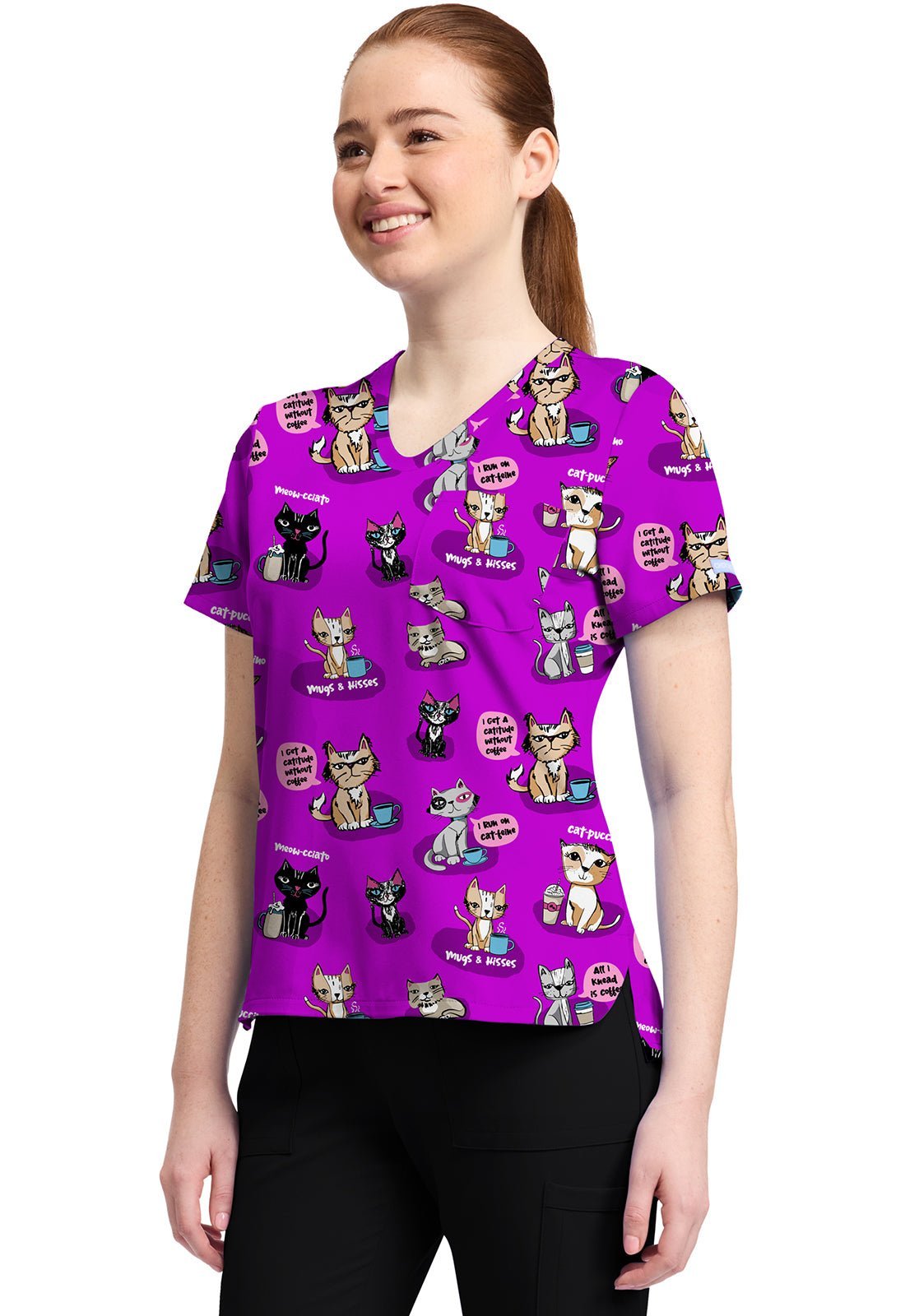 Coffee Talk Cherokee Cat Print V Neck Scrub Top CK857 CFTK - Scrubs Select