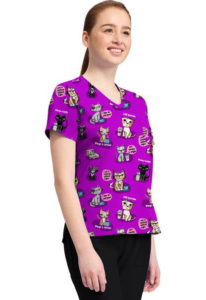 Coffee Talk Cherokee Cat Print V Neck Scrub Top CK857 CFTK - Scrubs Select