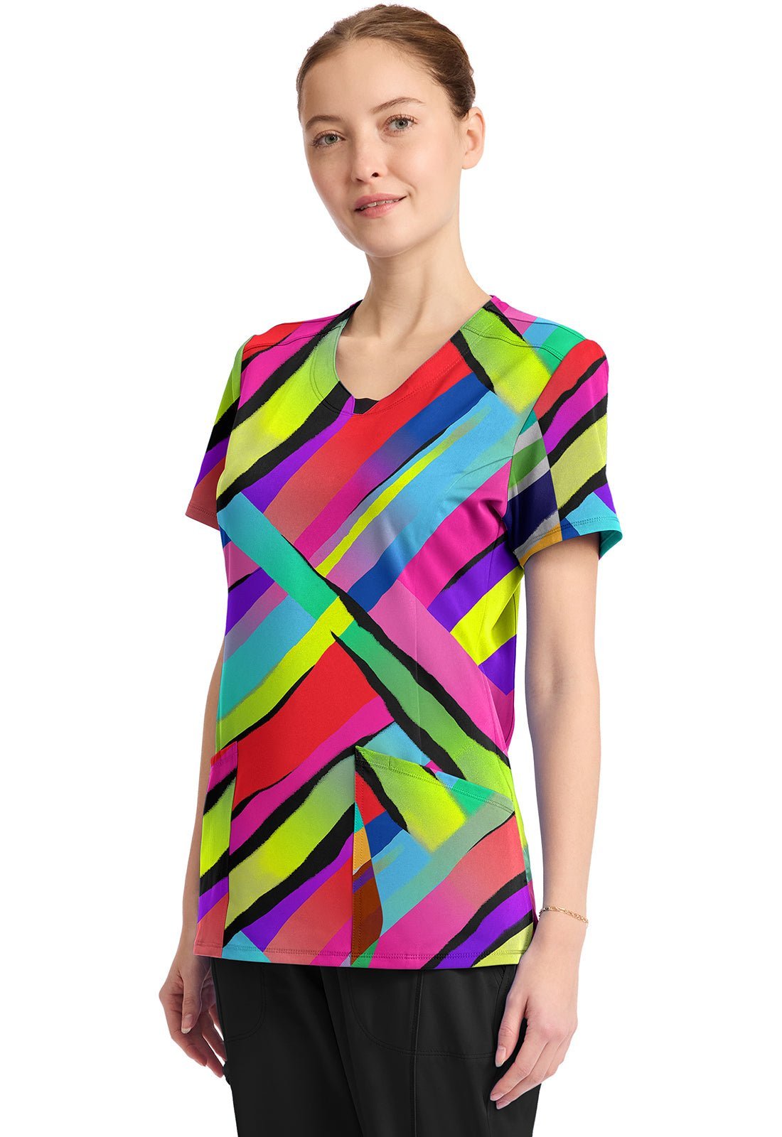 Color Block Stripe Cherokee Infinity Print Round Neck Scrub Top CK609 CBST - Scrubs Select
