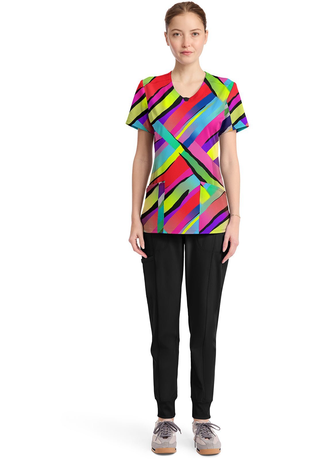 Color Block Stripe Cherokee Infinity Print Round Neck Scrub Top CK609 CBST - Scrubs Select