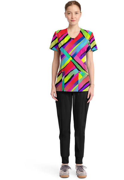 Color Block Stripe Cherokee Infinity Print Round Neck Scrub Top CK609 CBST - Scrubs Select