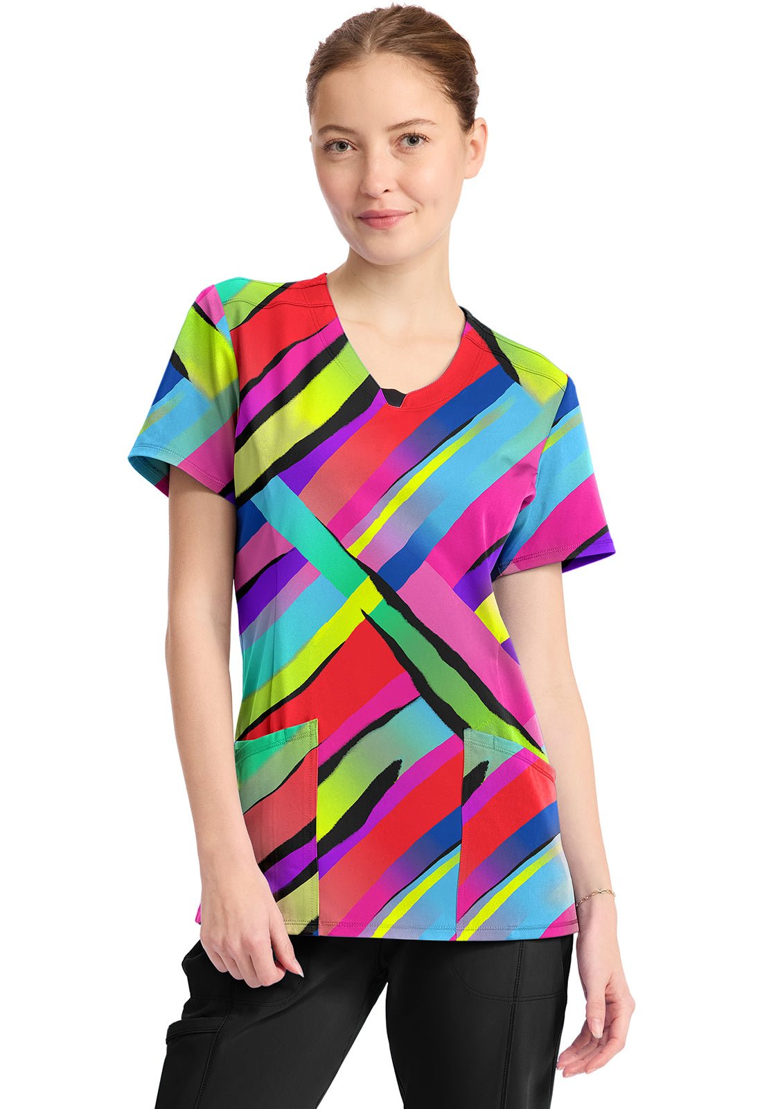 Color Block Stripe Cherokee Infinity Print Round Neck Scrub Top CK609 CBST - Scrubs Select