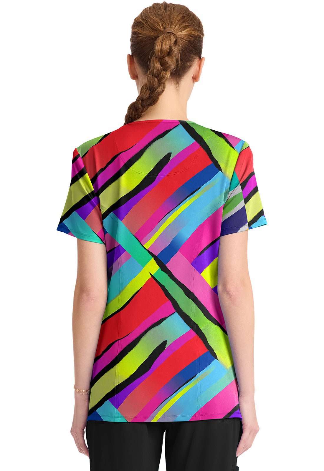 Color Block Stripe Cherokee Infinity Print Round Neck Scrub Top CK609 CBST - Scrubs Select