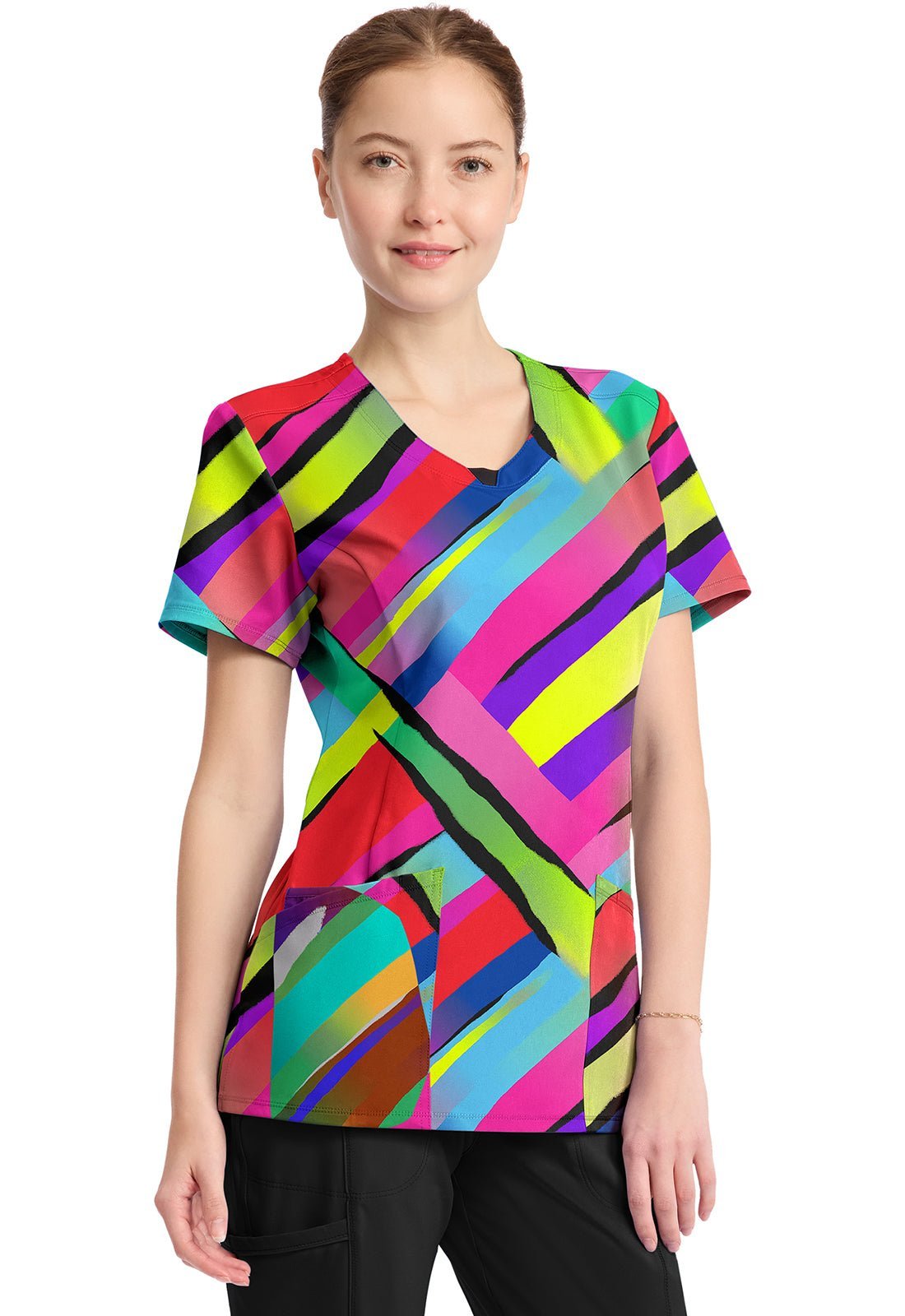 Color Block Stripe Cherokee Infinity Print Round Neck Scrub Top CK609 CBST - Scrubs Select
