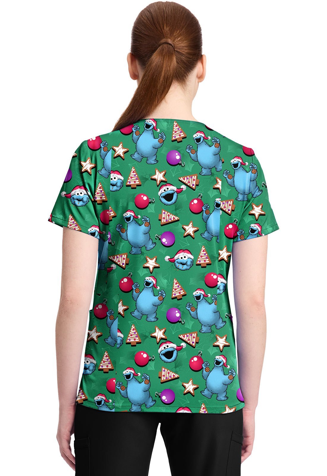 Cookie Monster Tooniforms Licensed Sesame Street Christmas V Neck Scrub Top TF796 SWZC - Scrubs Select