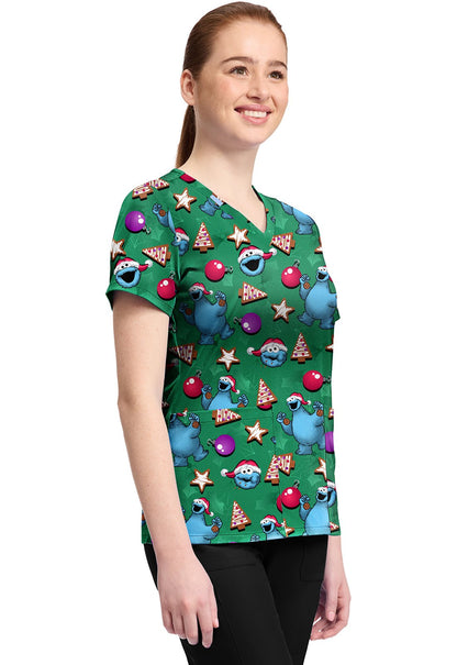 Cookie Monster Tooniforms Licensed Sesame Street Christmas V Neck Scrub Top TF796 SWZC - Scrubs Select
